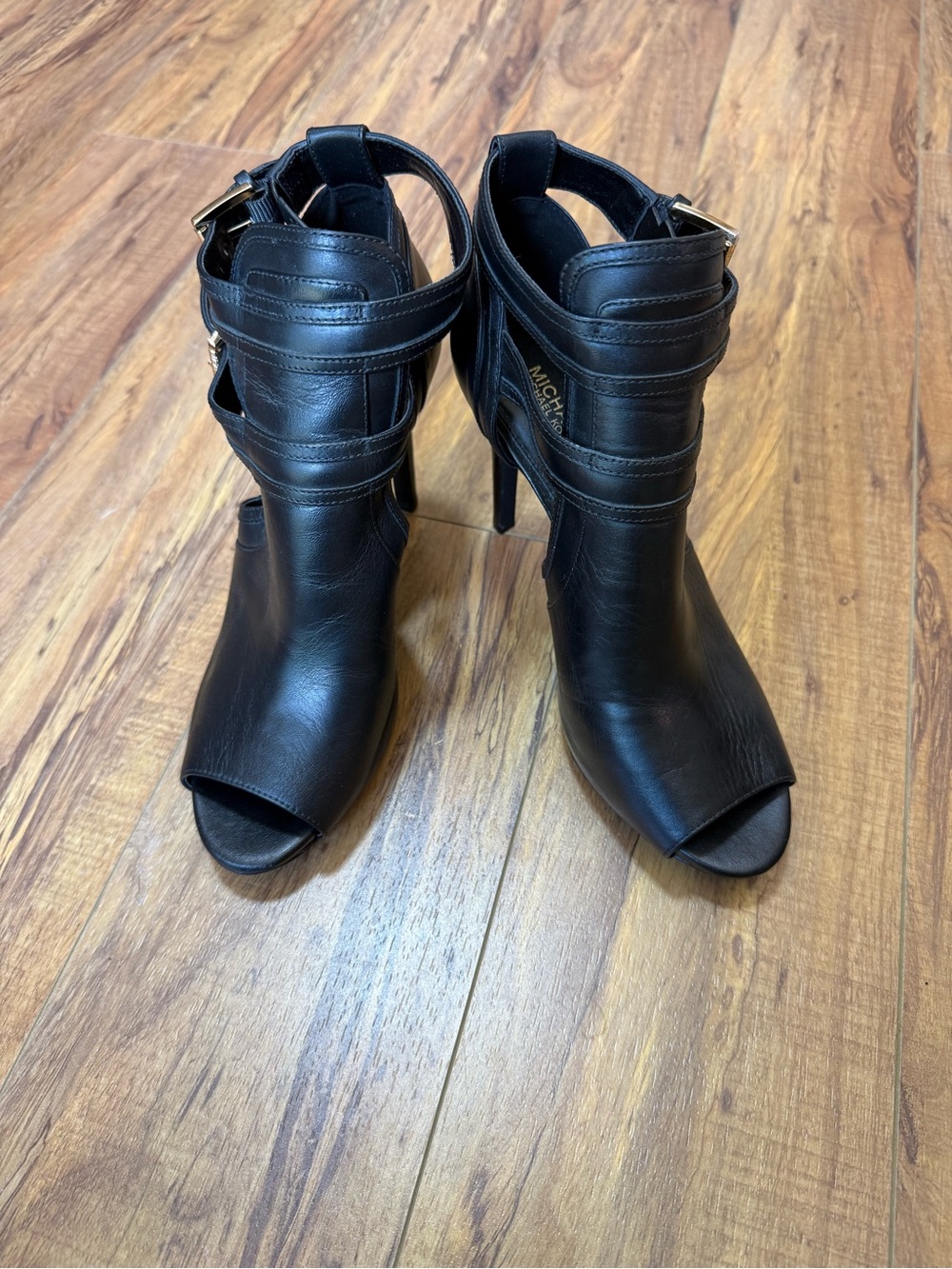 Michael Kors Black Leather Peep-Toe Ankle Strap Heels